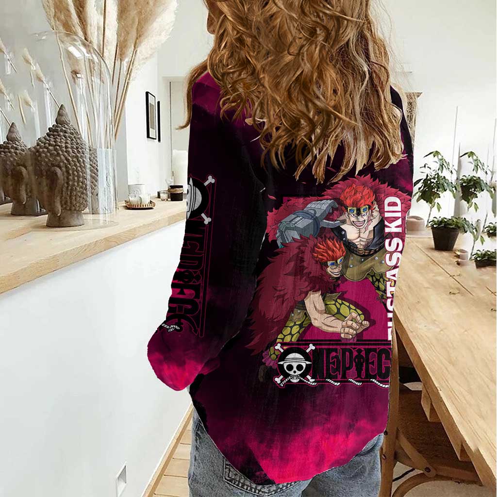 Eustass Kid One Piece Theme Red and Black Grunge Design Women Casual Shirt with Mechanical Arm and Pirate Emblem - The Mazicc