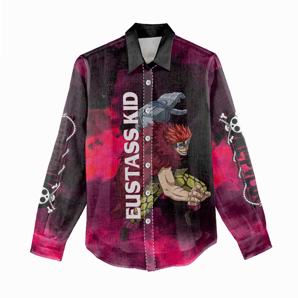 Eustass Kid One Piece Theme Red and Black Grunge Design Women Casual Shirt with Mechanical Arm and Pirate Emblem - The Mazicc