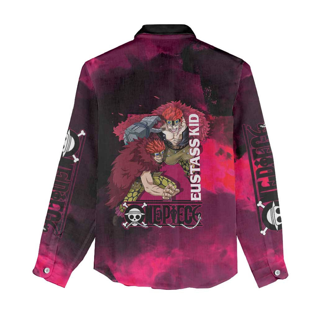 Eustass Kid One Piece Theme Red and Black Grunge Design Women Casual Shirt with Mechanical Arm and Pirate Emblem - The Mazicc