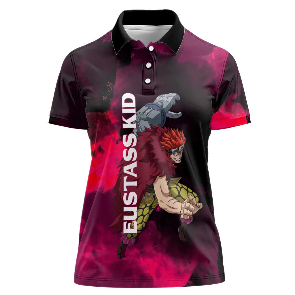 Eustass Kid One Piece Theme Red and Black Grunge Design Women Polo Shirt with Mechanical Arm and Pirate Emblem - The Mazicc