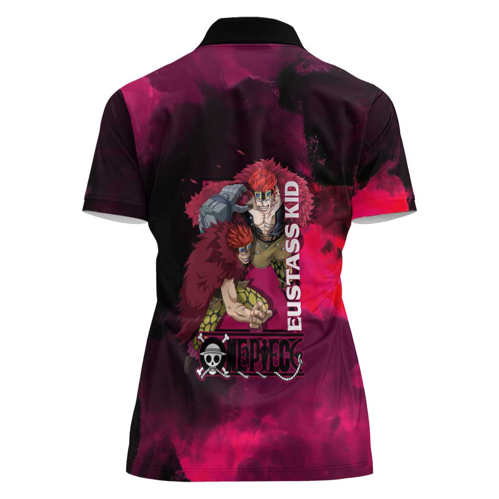 Eustass Kid One Piece Theme Red and Black Grunge Design Women Polo Shirt with Mechanical Arm and Pirate Emblem - The Mazicc
