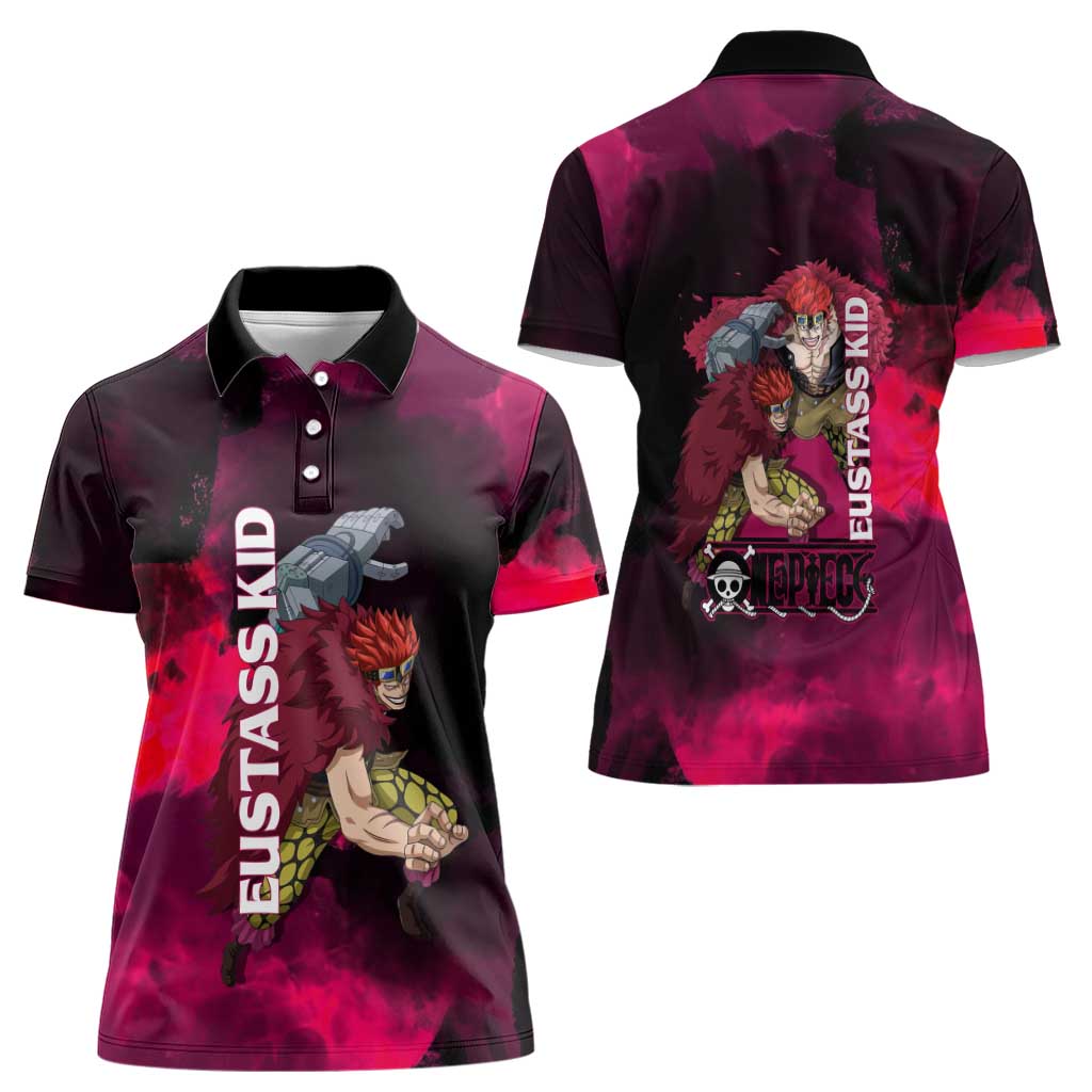 Eustass Kid One Piece Theme Red and Black Grunge Design Women Polo Shirt with Mechanical Arm and Pirate Emblem - The Mazicc