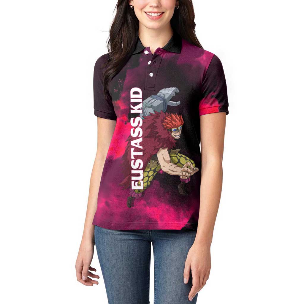 Eustass Kid One Piece Theme Red and Black Grunge Design Women Polo Shirt with Mechanical Arm and Pirate Emblem - The Mazicc