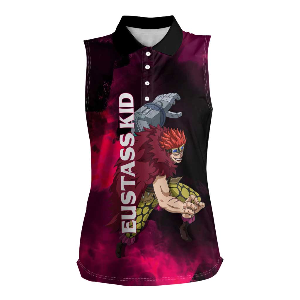 Eustass Kid One Piece Theme Red and Black Grunge Design Women Sleeveless Polo Shirt with Mechanical Arm and Pirate Emblem - The Mazicc