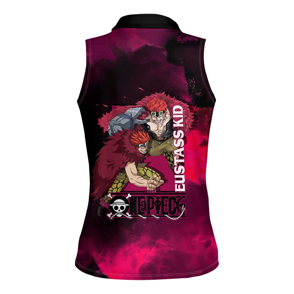 Eustass Kid One Piece Theme Red and Black Grunge Design Women Sleeveless Polo Shirt with Mechanical Arm and Pirate Emblem - The Mazicc