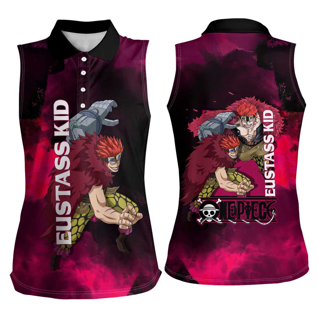 Eustass Kid One Piece Theme Red and Black Grunge Design Women Sleeveless Polo Shirt with Mechanical Arm and Pirate Emblem - The Mazicc
