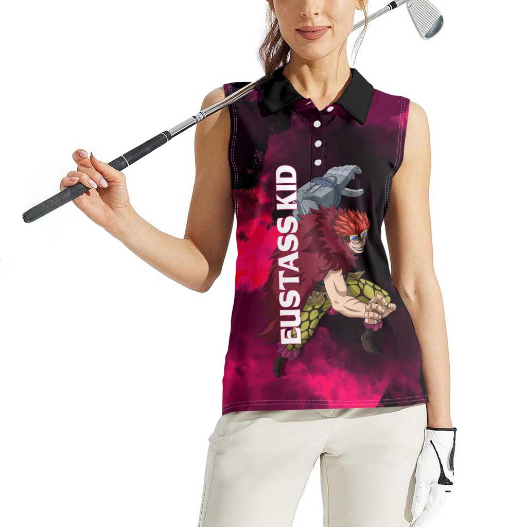 Eustass Kid One Piece Theme Red and Black Grunge Design Women Sleeveless Polo Shirt with Mechanical Arm and Pirate Emblem - The Mazicc