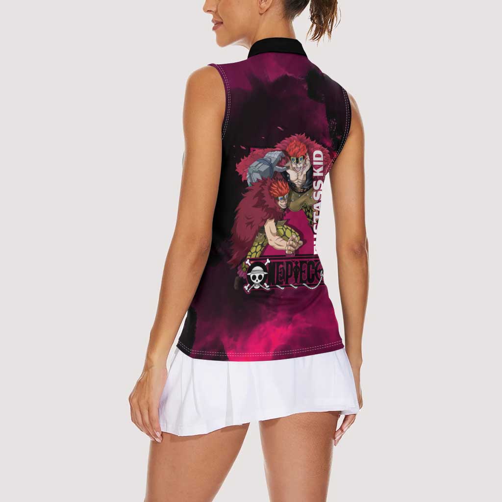 Eustass Kid One Piece Theme Red and Black Grunge Design Women Sleeveless Polo Shirt with Mechanical Arm and Pirate Emblem - The Mazicc