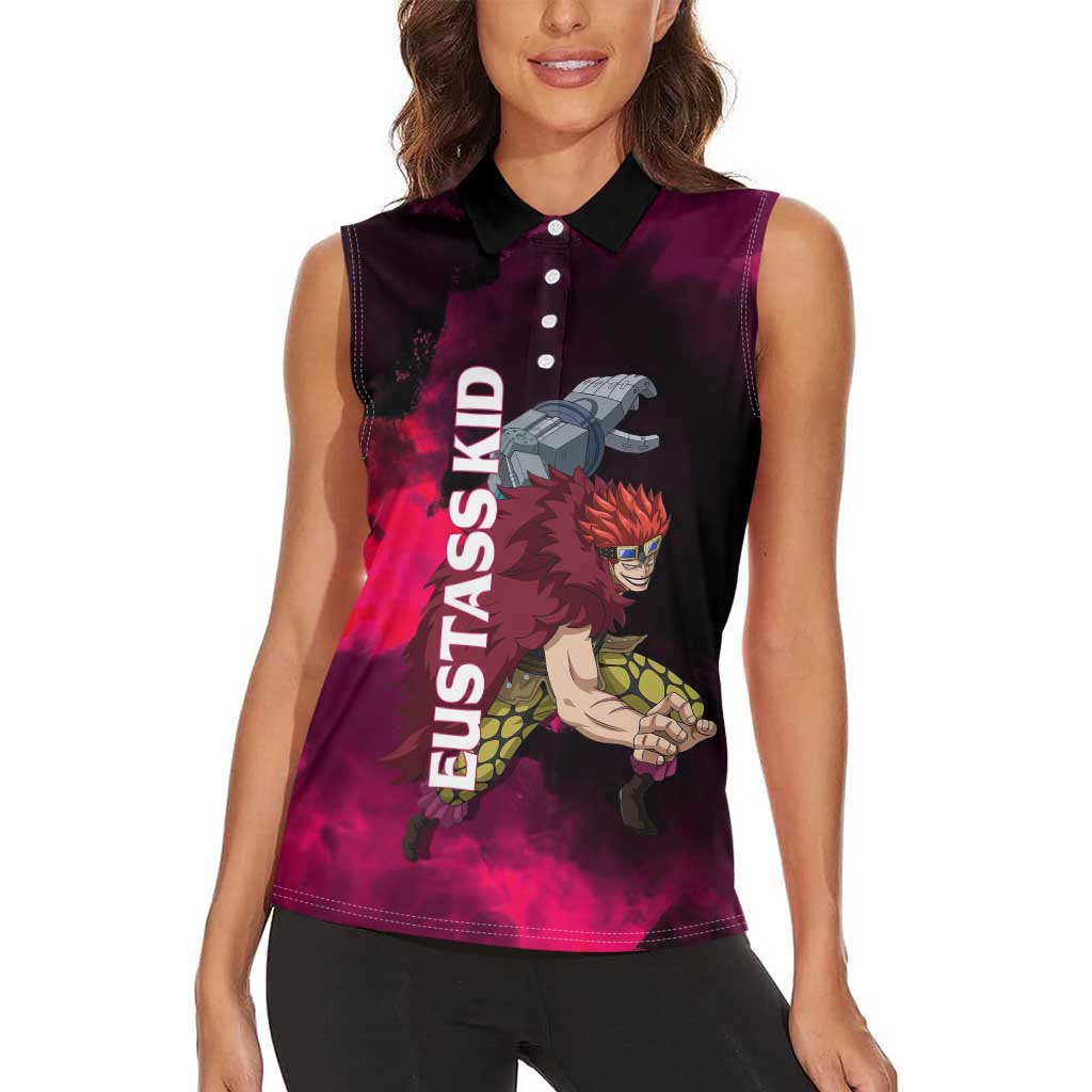 Eustass Kid One Piece Theme Red and Black Grunge Design Women Sleeveless Polo Shirt with Mechanical Arm and Pirate Emblem - The Mazicc