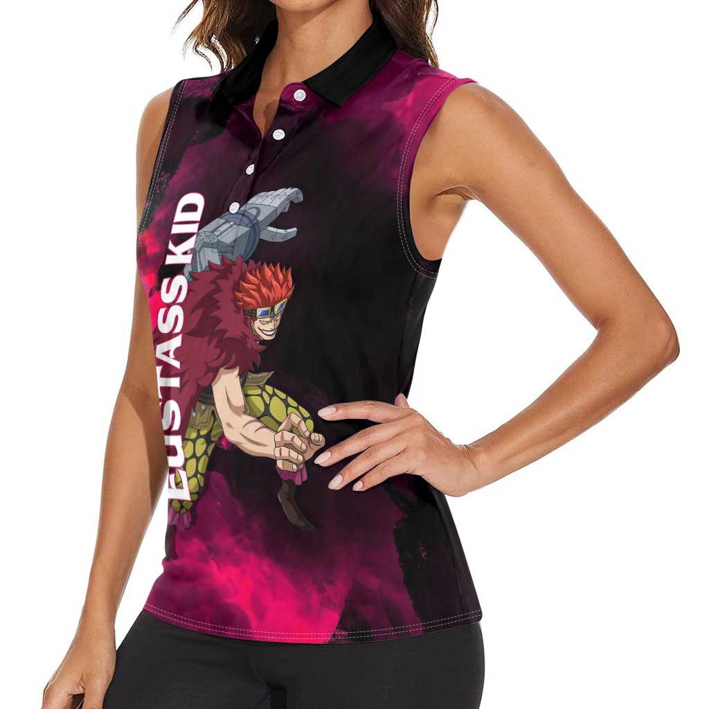Eustass Kid One Piece Theme Red and Black Grunge Design Women Sleeveless Polo Shirt with Mechanical Arm and Pirate Emblem - The Mazicc