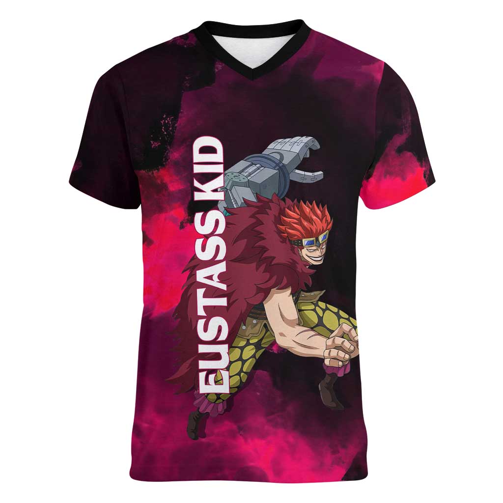 Eustass Kid One Piece Theme Red and Black Grunge Design Women V-Neck T-Shirt with Mechanical Arm and Pirate Emblem - The Mazicc
