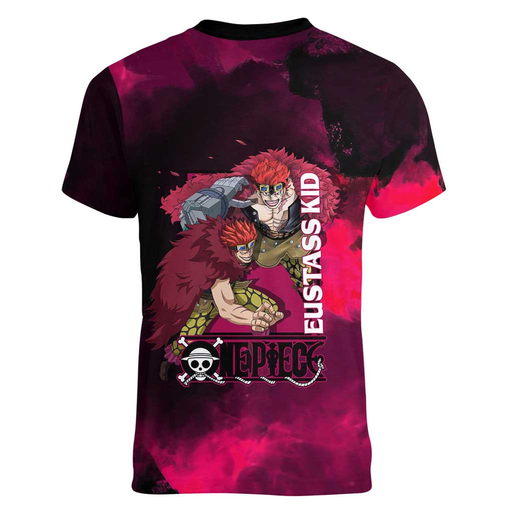 Eustass Kid One Piece Theme Red and Black Grunge Design Women V-Neck T-Shirt with Mechanical Arm and Pirate Emblem - The Mazicc