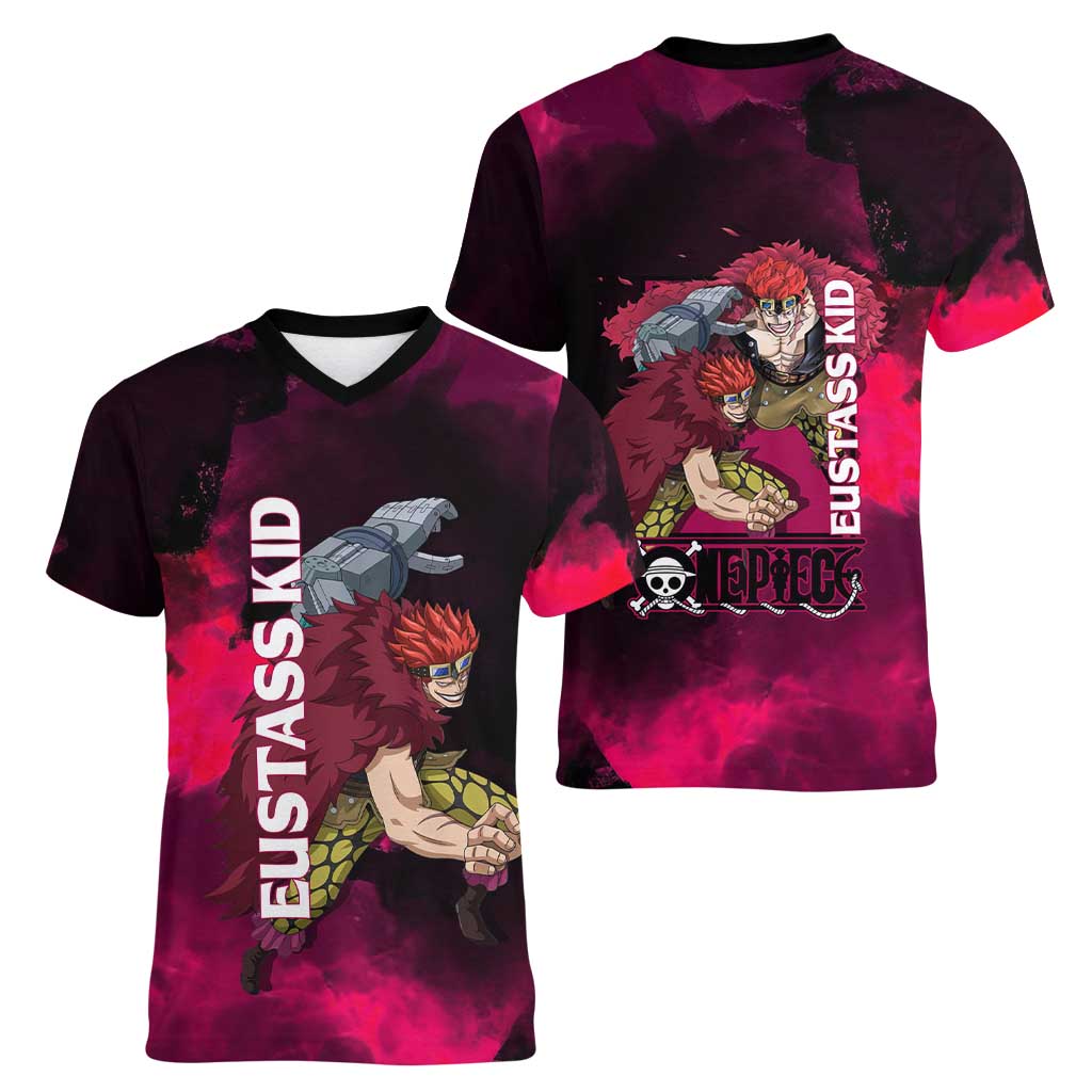Eustass Kid One Piece Theme Red and Black Grunge Design Women V-Neck T-Shirt with Mechanical Arm and Pirate Emblem - The Mazicc