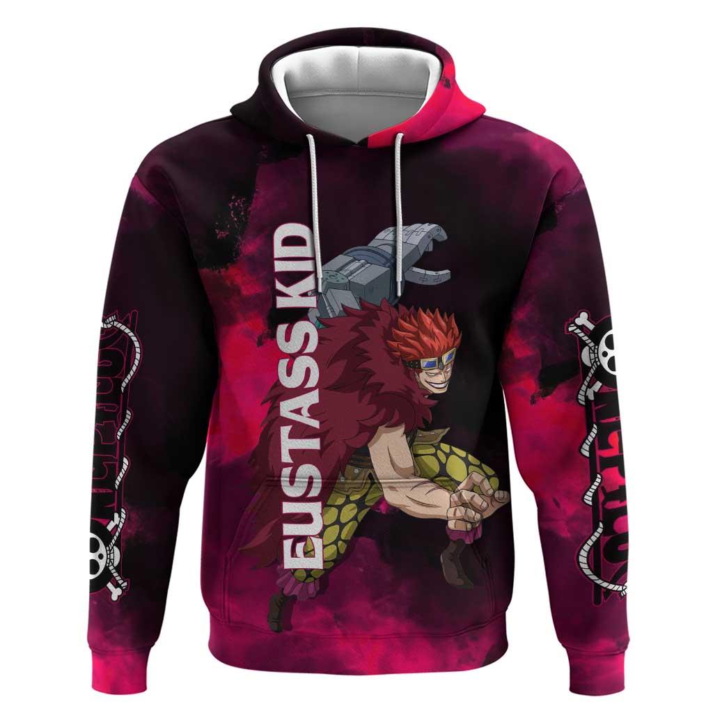 Eustass Kid One Piece Theme Red and Black Grunge Design Zip Hoodie with Mechanical Arm and Pirate Emblem - The Mazicc