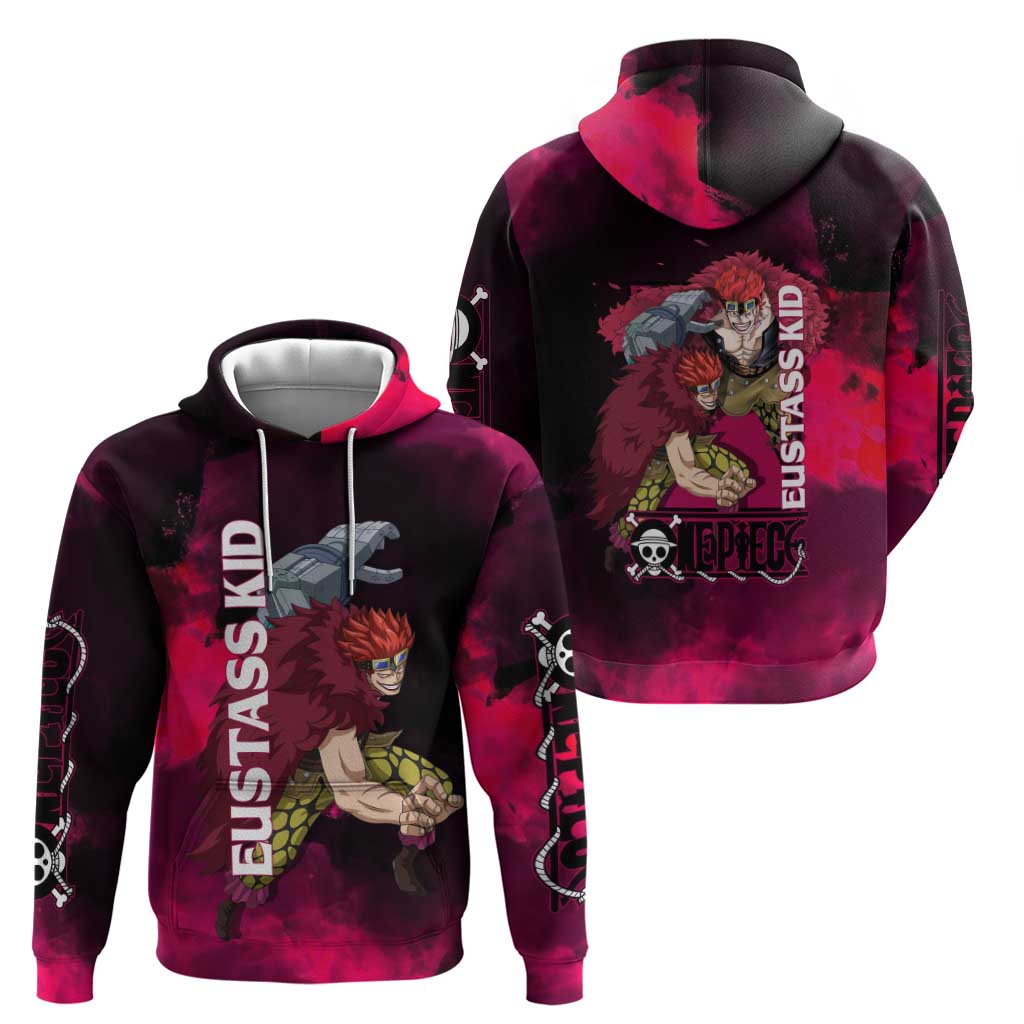 Eustass Kid One Piece Theme Red and Black Grunge Design Zip Hoodie with Mechanical Arm and Pirate Emblem - The Mazicc