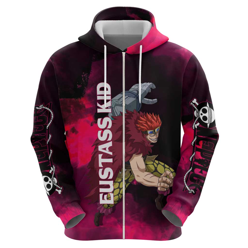 Eustass Kid One Piece Theme Red and Black Grunge Design Zip Hoodie with Mechanical Arm and Pirate Emblem - The Mazicc