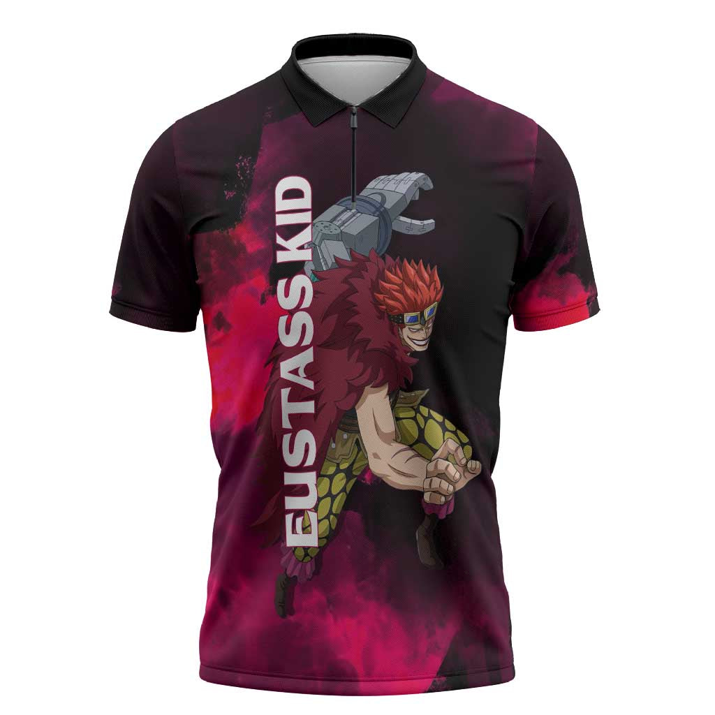 Eustass Kid One Piece Theme Red and Black Grunge Design Zipper Polo Shirt with Mechanical Arm and Pirate Emblem - The Mazicc