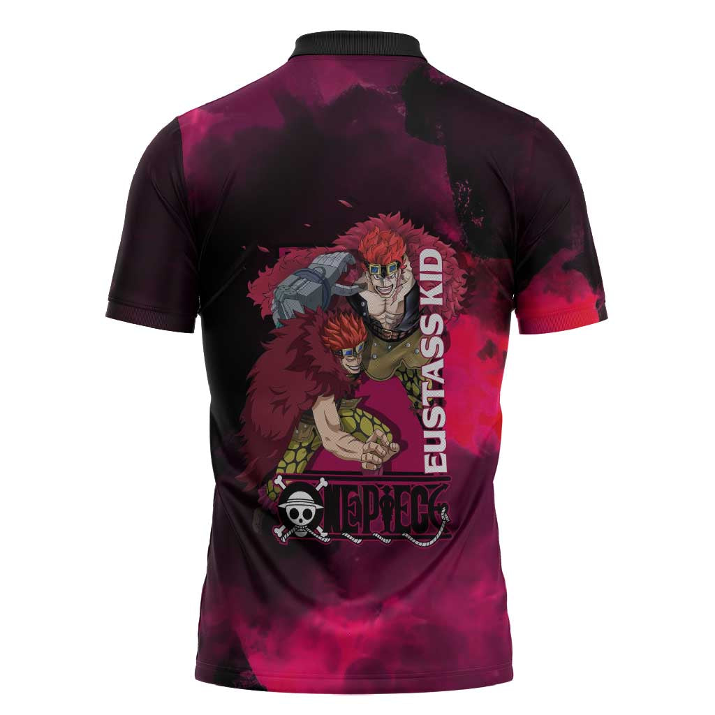 Eustass Kid One Piece Theme Red and Black Grunge Design Zipper Polo Shirt with Mechanical Arm and Pirate Emblem - The Mazicc