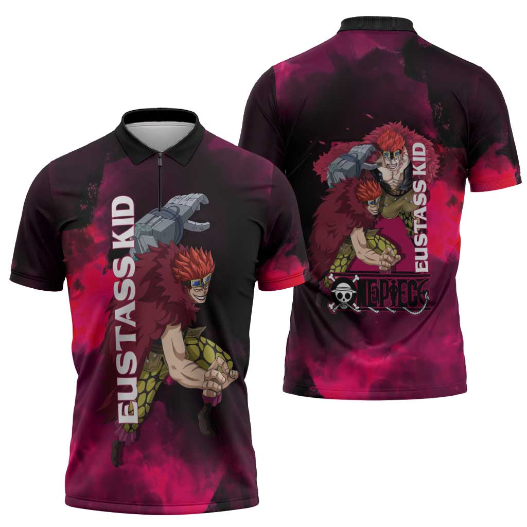 Eustass Kid One Piece Theme Red and Black Grunge Design Zipper Polo Shirt with Mechanical Arm and Pirate Emblem - The Mazicc