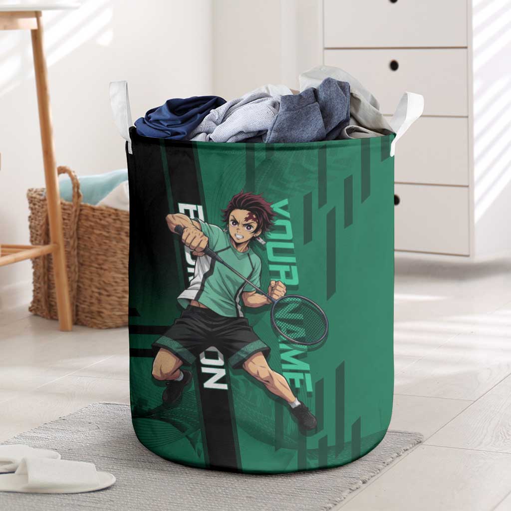 Personalized Tanjiro Badminton Green Action Pose Laundry Basket Dynamic Sports Design - The Mazicc
