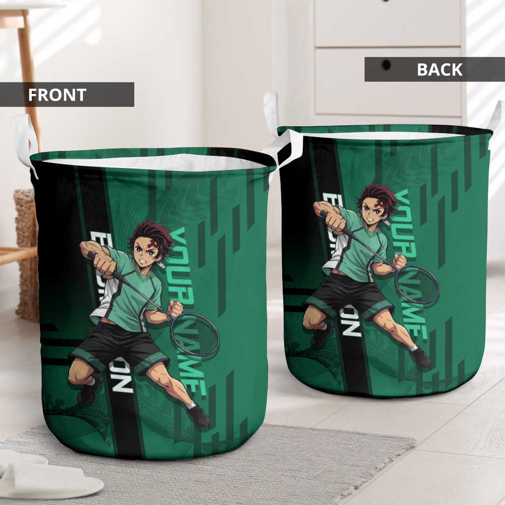Personalized Tanjiro Badminton Green Action Pose Laundry Basket Dynamic Sports Design - The Mazicc