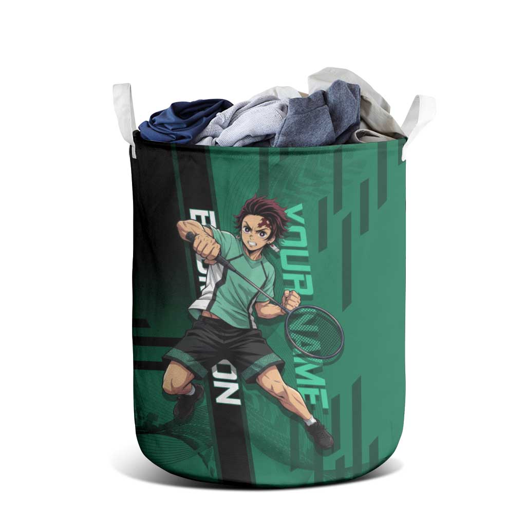 Personalized Tanjiro Badminton Green Action Pose Laundry Basket Dynamic Sports Design - The Mazicc