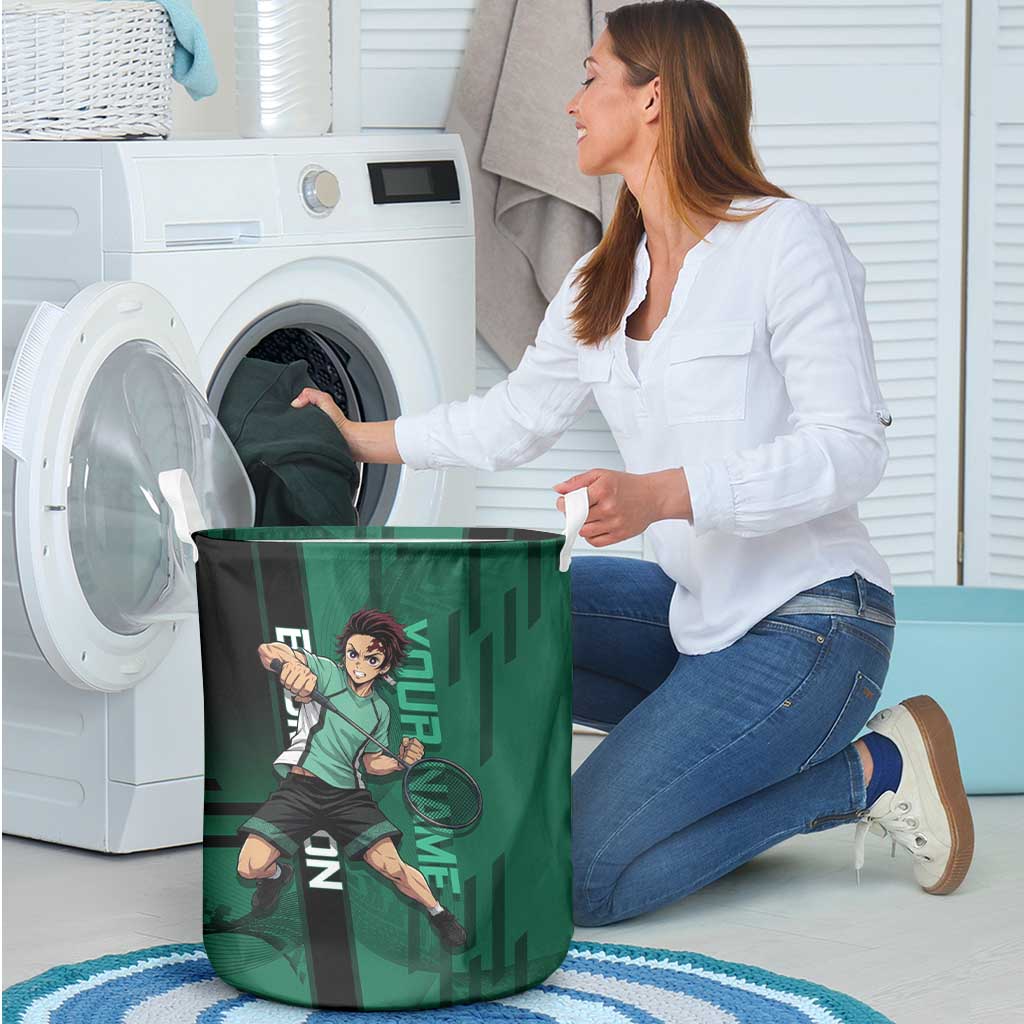 Personalized Tanjiro Badminton Green Action Pose Laundry Basket Dynamic Sports Design - The Mazicc