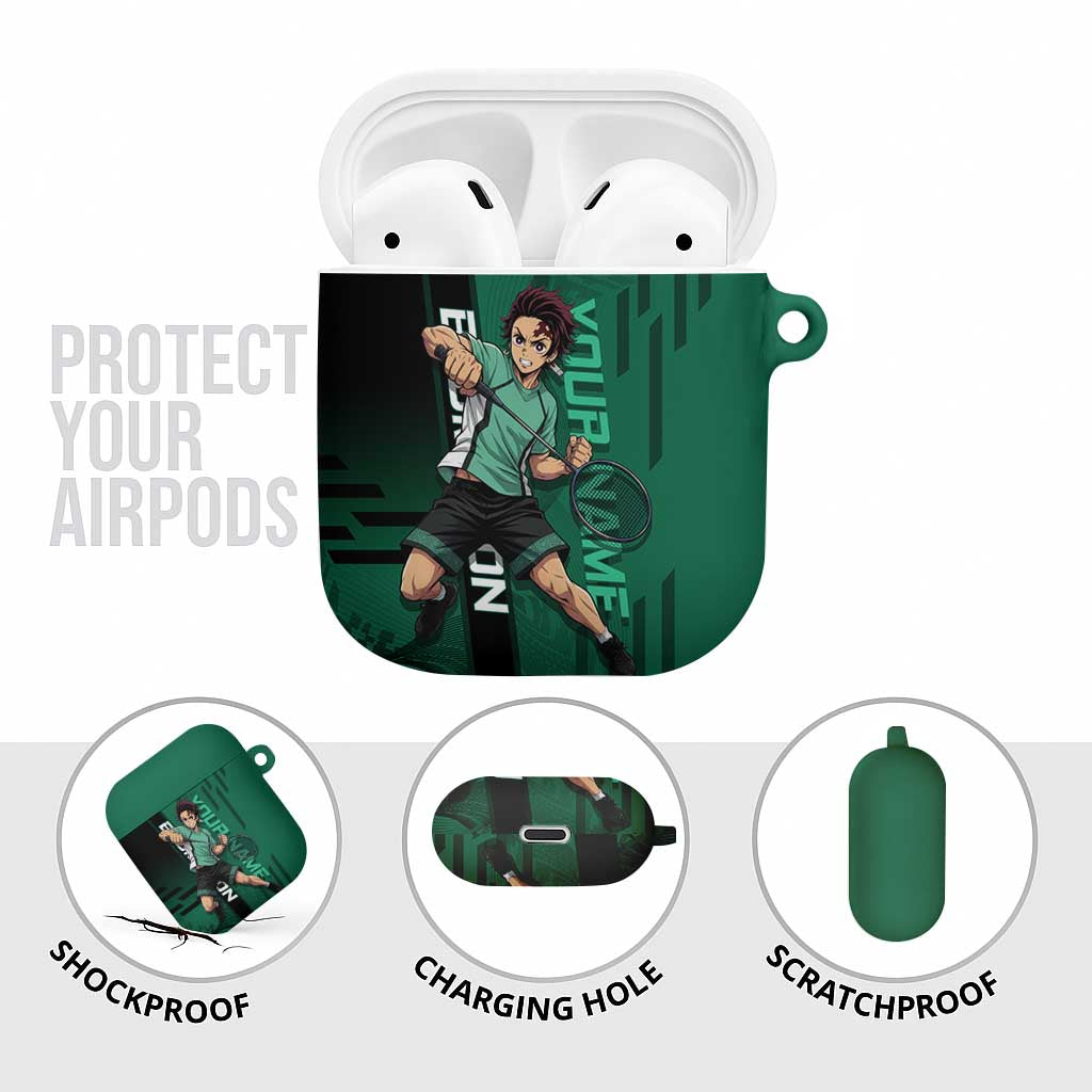 Personalized Tanjiro Badminton Green Action Pose AirPods Case Dynamic Sports Design - The Mazicc
