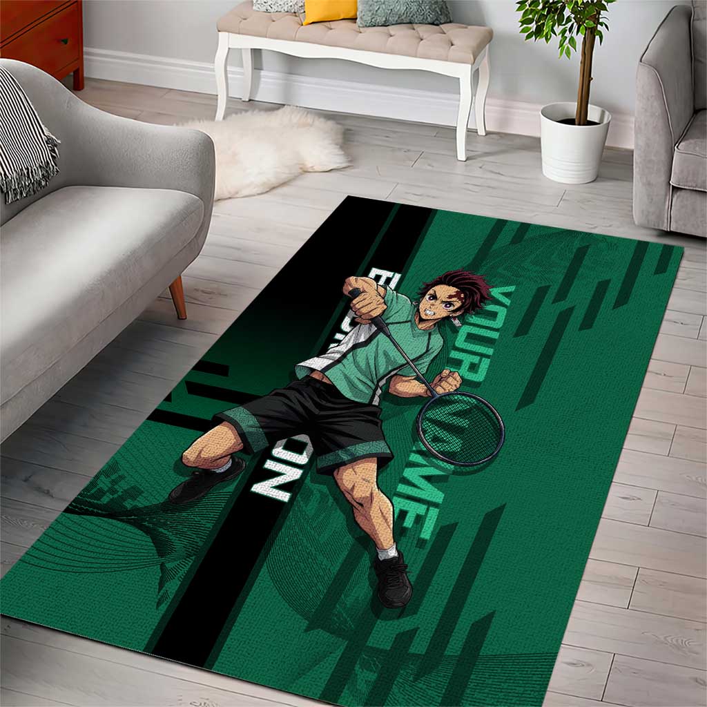 Personalized Tanjiro Badminton Green Action Pose Area Rug Dynamic Sports Design - The Mazicc