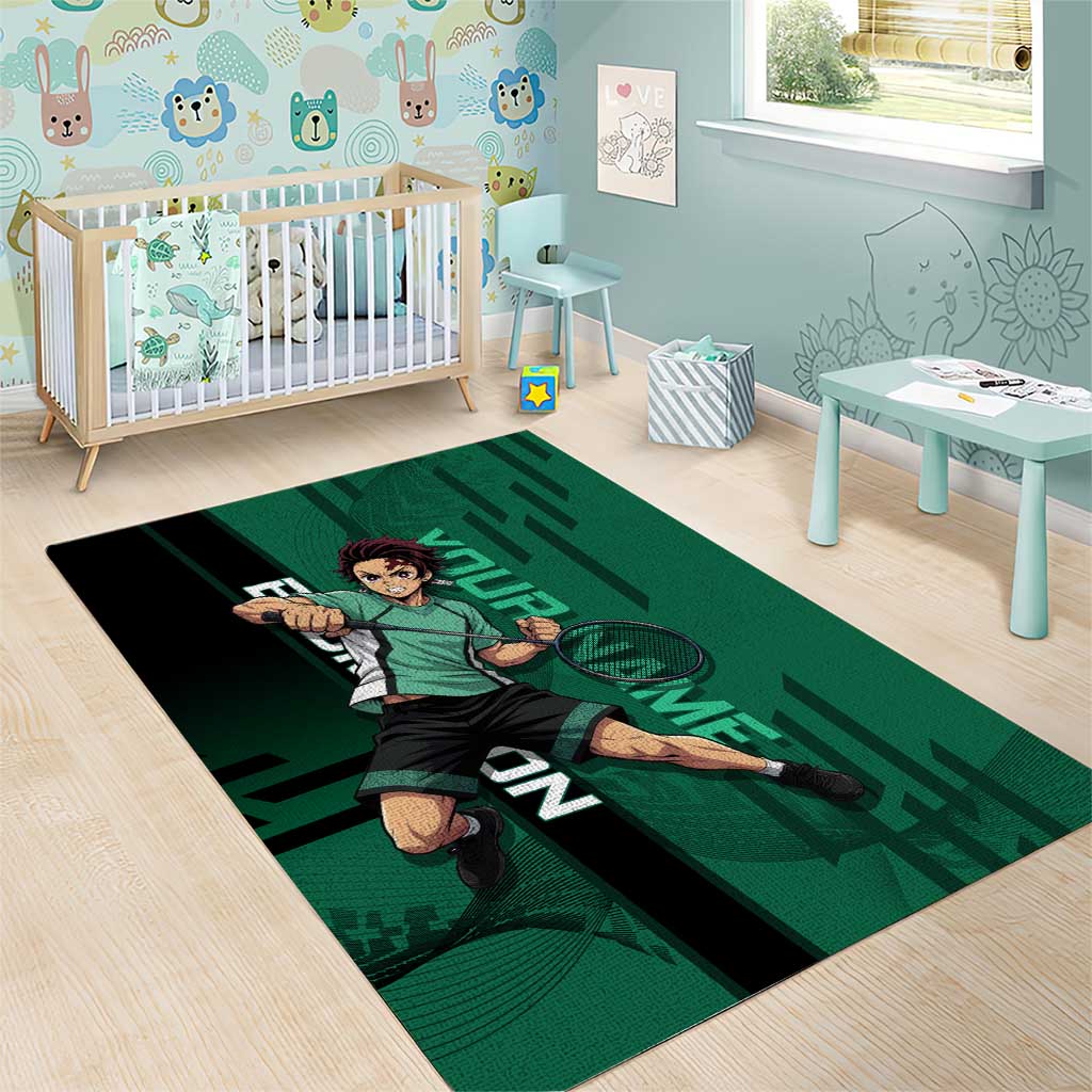 Personalized Tanjiro Badminton Green Action Pose Area Rug Dynamic Sports Design - The Mazicc