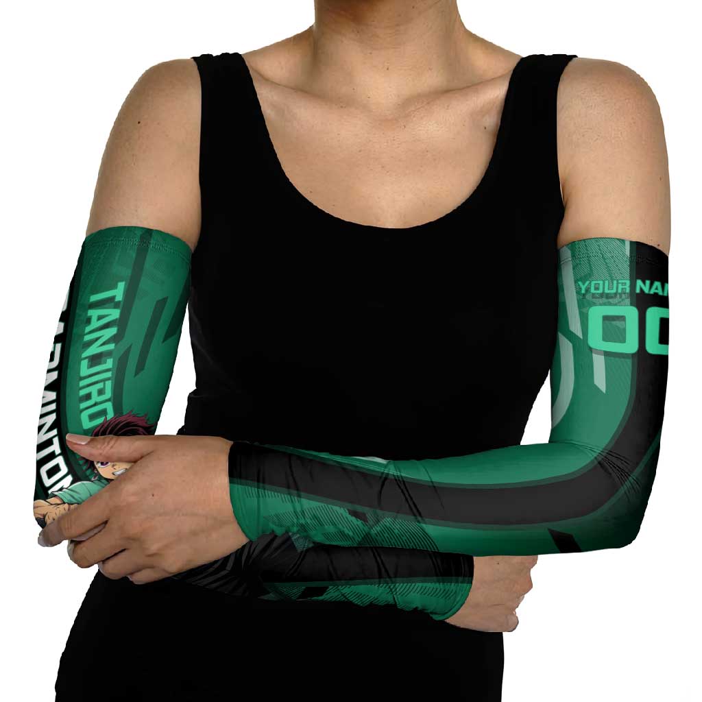 Personalized Tanjiro Badminton Green Action Pose Arm Sleeves Dynamic Sports Design - The Mazicc