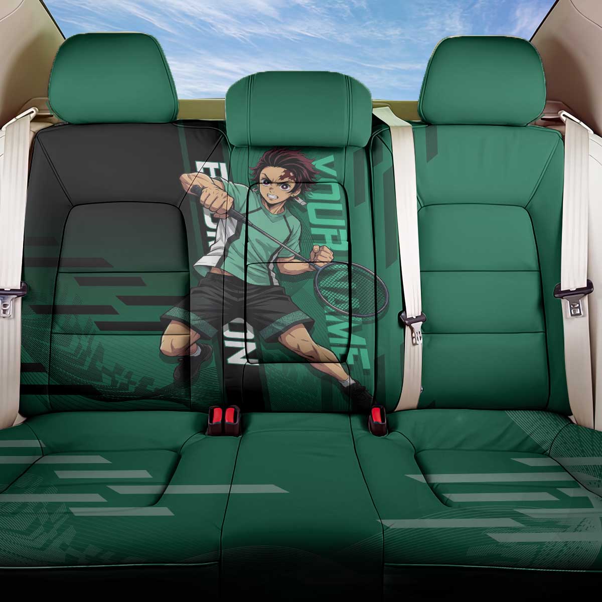 Personalized Tanjiro Badminton Green Action Pose Back Car Seat Cover Dynamic Sports Design - The Mazicc