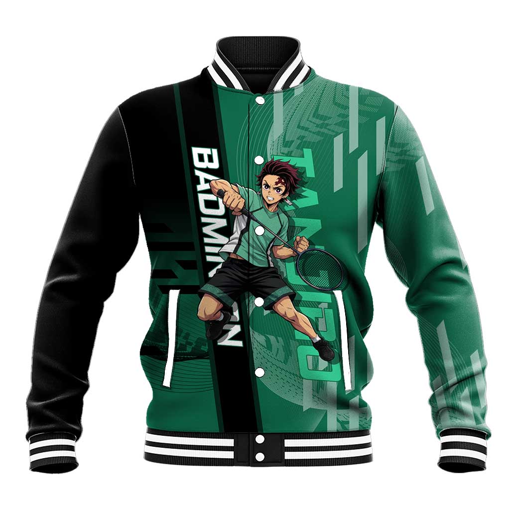 Personalized Tanjiro Badminton Green Action Pose Baseball Jacket Dynamic Sports Design - The Mazicc