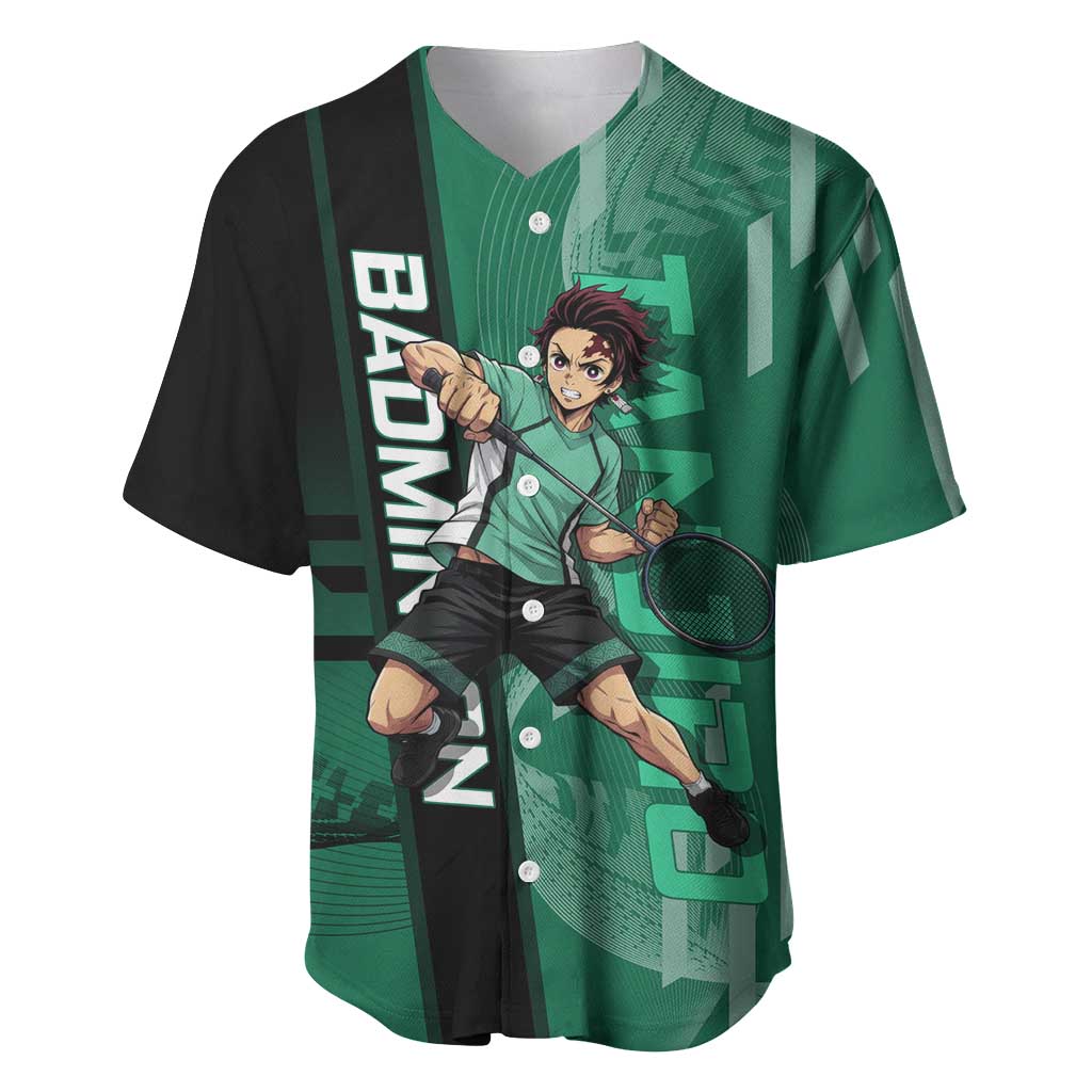 Personalized Tanjiro Badminton Green Action Pose Baseball Jersey Dynamic Sports Design - The Mazicc