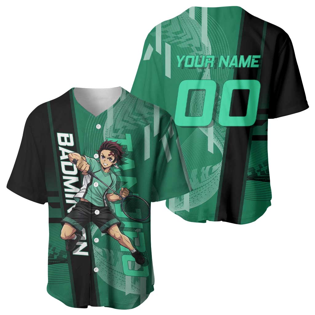 Personalized Tanjiro Badminton Green Action Pose Baseball Jersey Dynamic Sports Design - The Mazicc