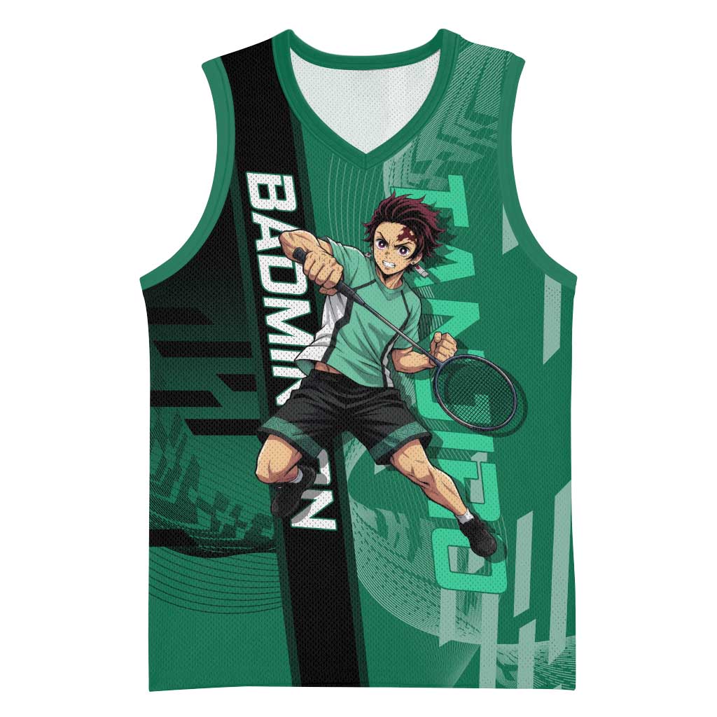 Personalized Tanjiro Badminton Green Action Pose Basketball Jersey Dynamic Sports Design - The Mazicc