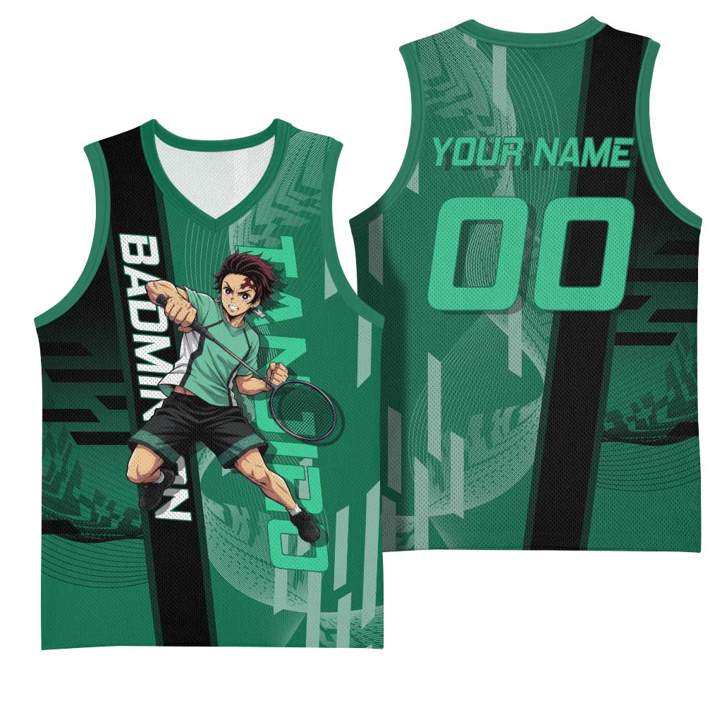 Personalized Tanjiro Badminton Green Action Pose Basketball Jersey Dynamic Sports Design - The Mazicc