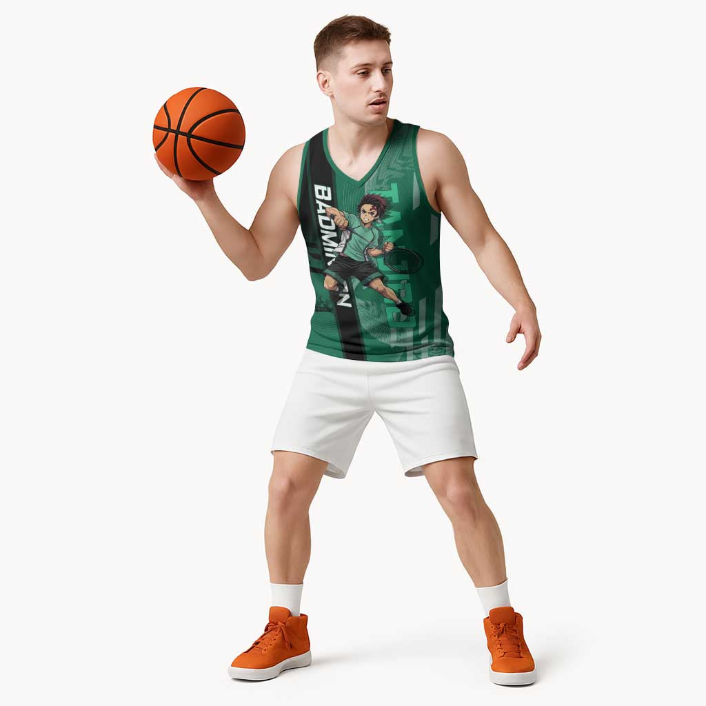 Personalized Tanjiro Badminton Green Action Pose Basketball Jersey Dynamic Sports Design - The Mazicc