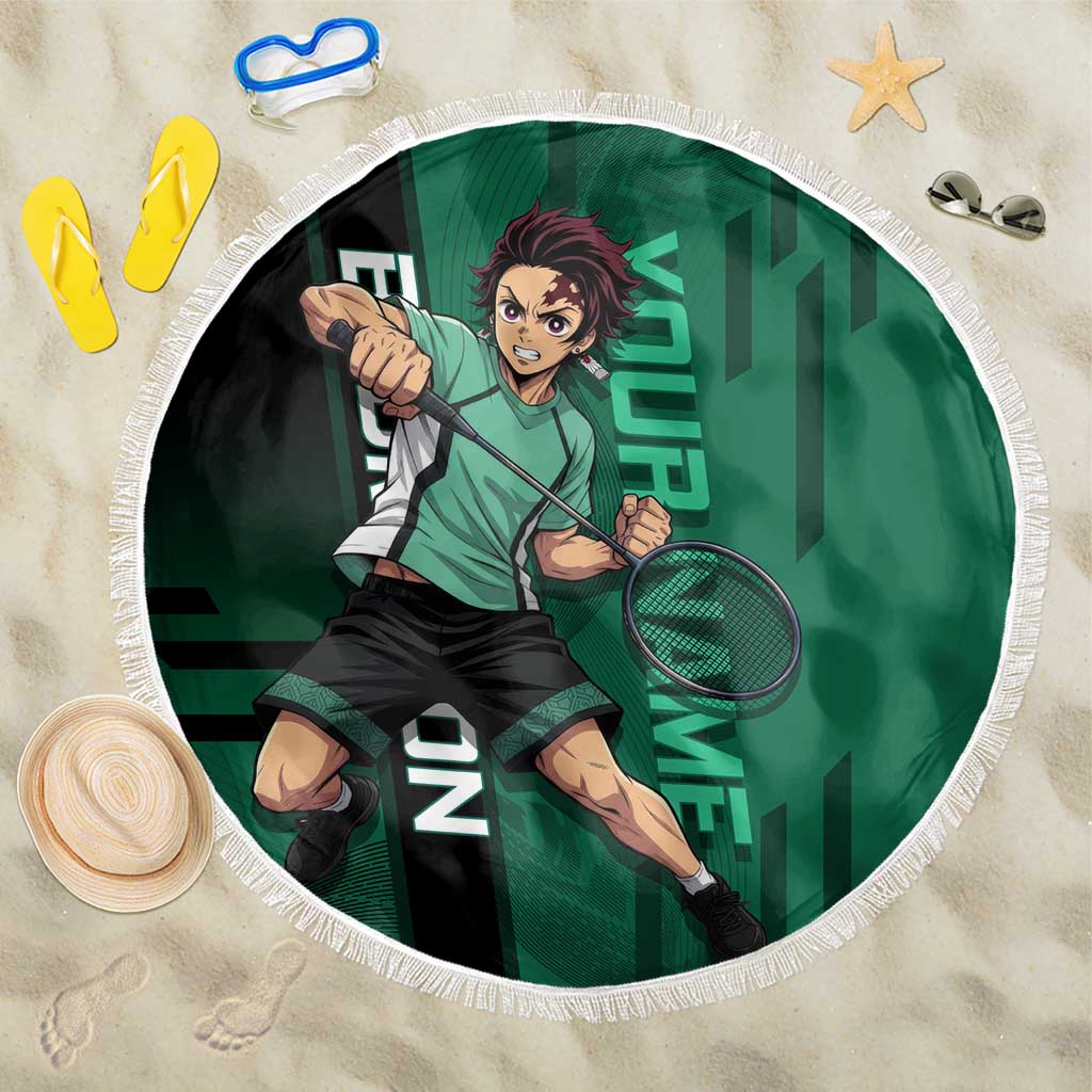 Personalized Tanjiro Badminton Green Action Pose Beach Blanket Dynamic Sports Design - The Mazicc
