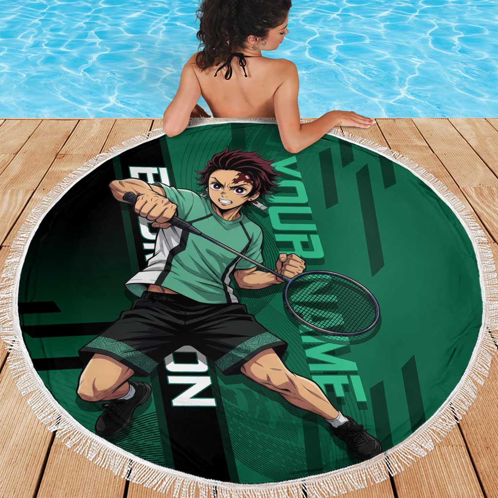 Personalized Tanjiro Badminton Green Action Pose Beach Blanket Dynamic Sports Design - The Mazicc
