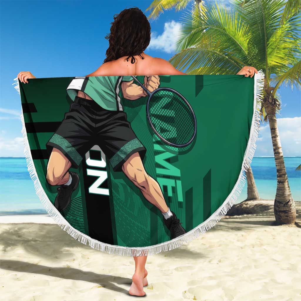 Personalized Tanjiro Badminton Green Action Pose Beach Blanket Dynamic Sports Design - The Mazicc