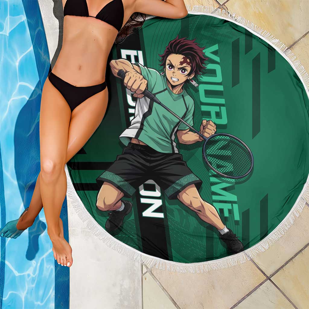 Personalized Tanjiro Badminton Green Action Pose Beach Blanket Dynamic Sports Design - The Mazicc