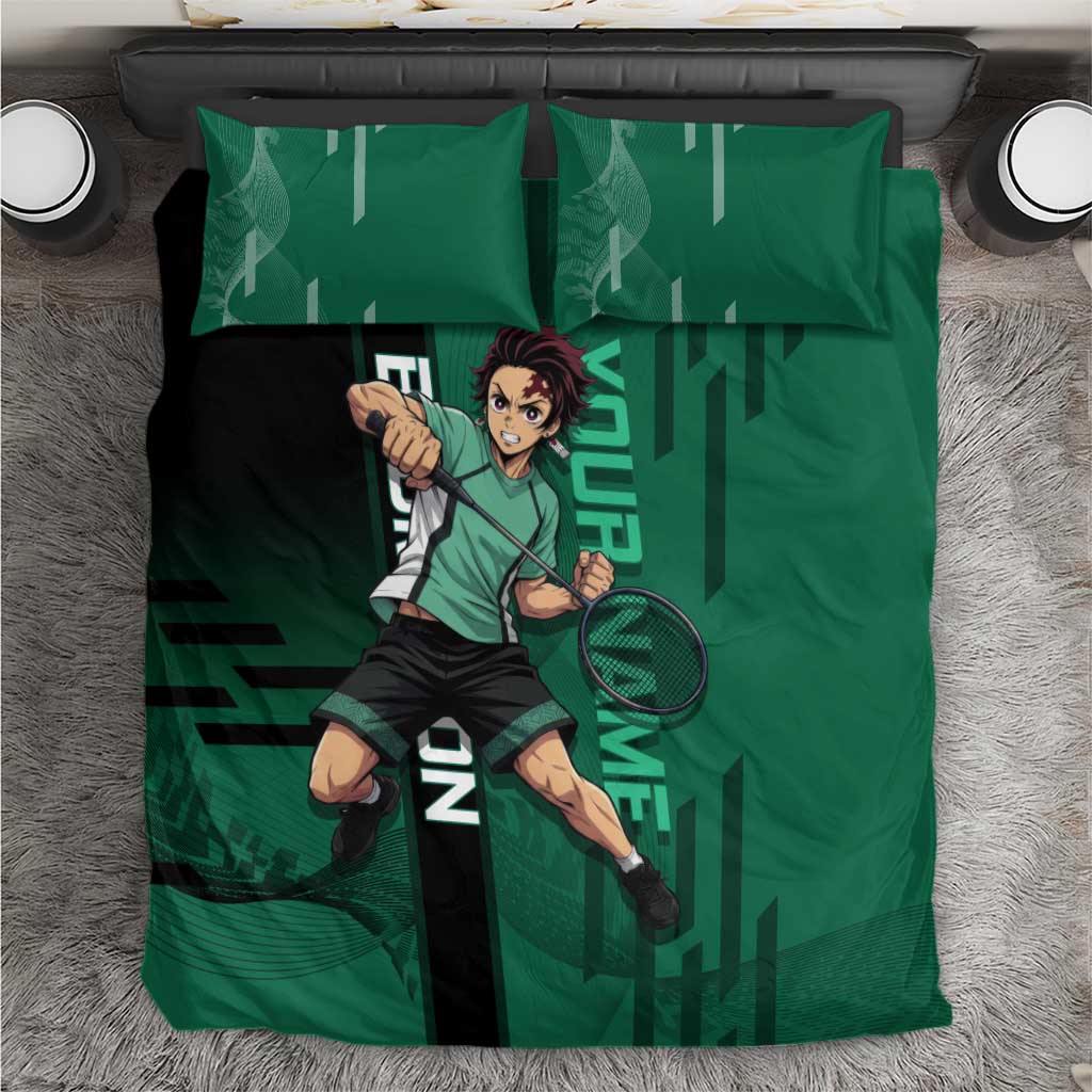Personalized Tanjiro Badminton Green Action Pose Bedding Set Dynamic Sports Design - The Mazicc