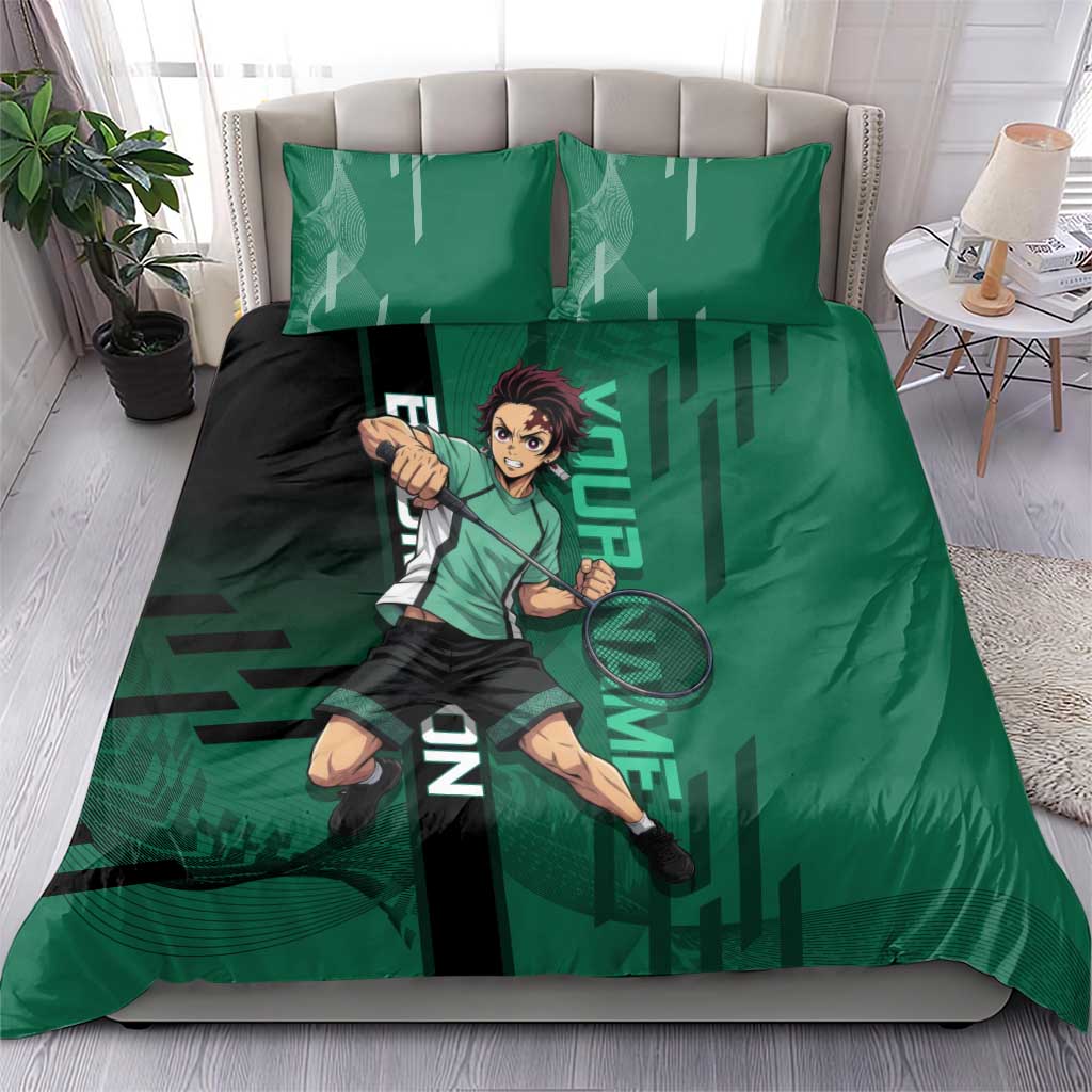 Personalized Tanjiro Badminton Green Action Pose Bedding Set Dynamic Sports Design - The Mazicc