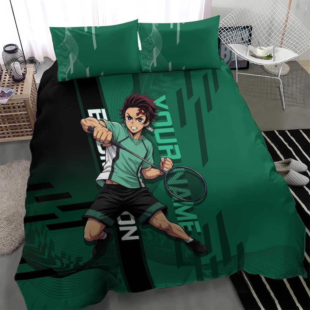 Personalized Tanjiro Badminton Green Action Pose Bedding Set Dynamic Sports Design - The Mazicc