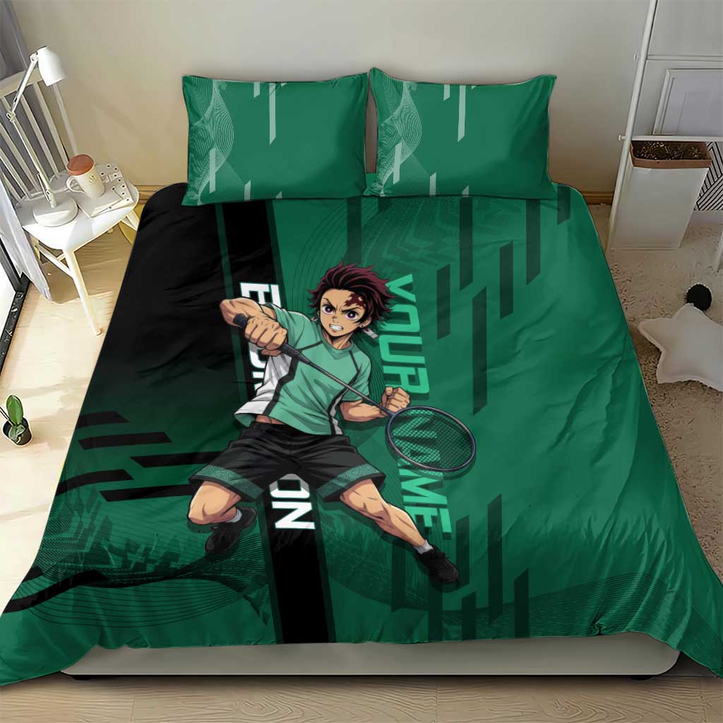 Personalized Tanjiro Badminton Green Action Pose Bedding Set Dynamic Sports Design - The Mazicc