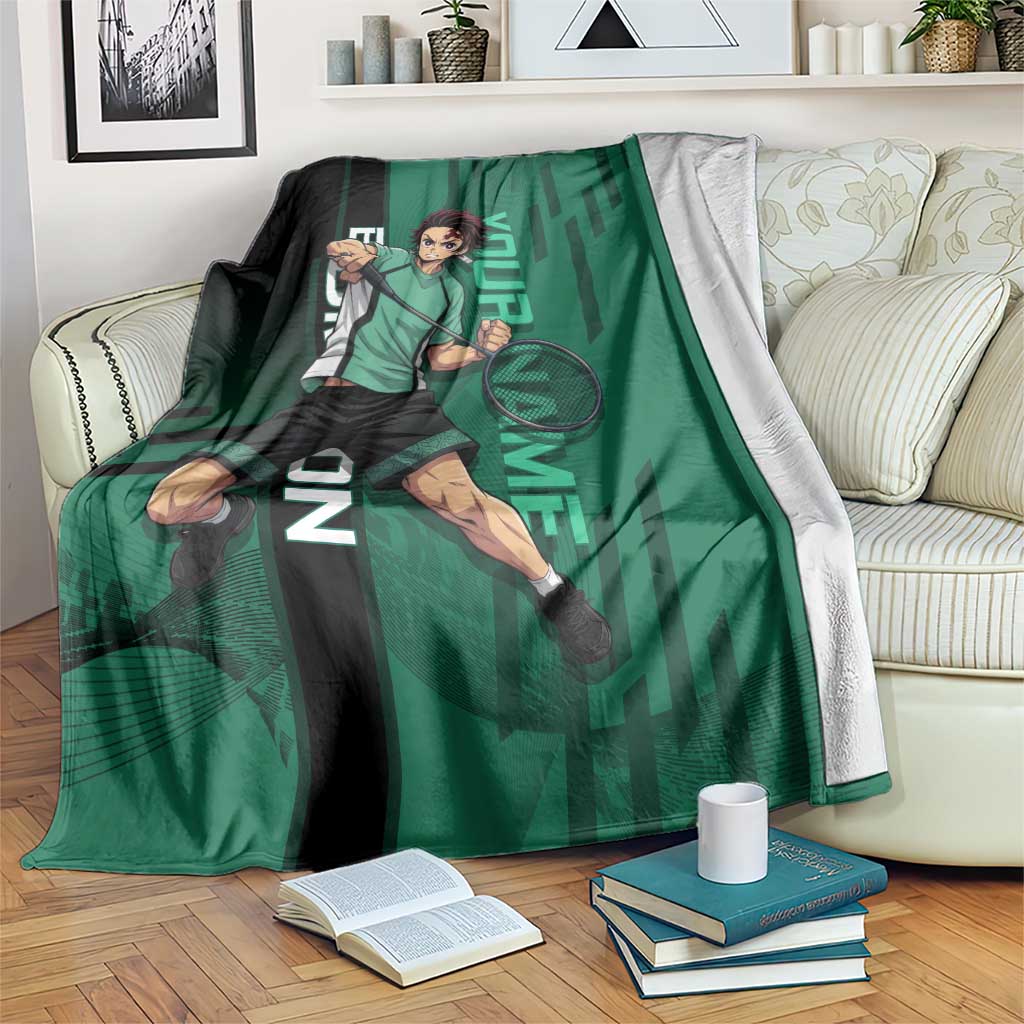 Personalized Tanjiro Badminton Green Action Pose Blanket Dynamic Sports Design - The Mazicc