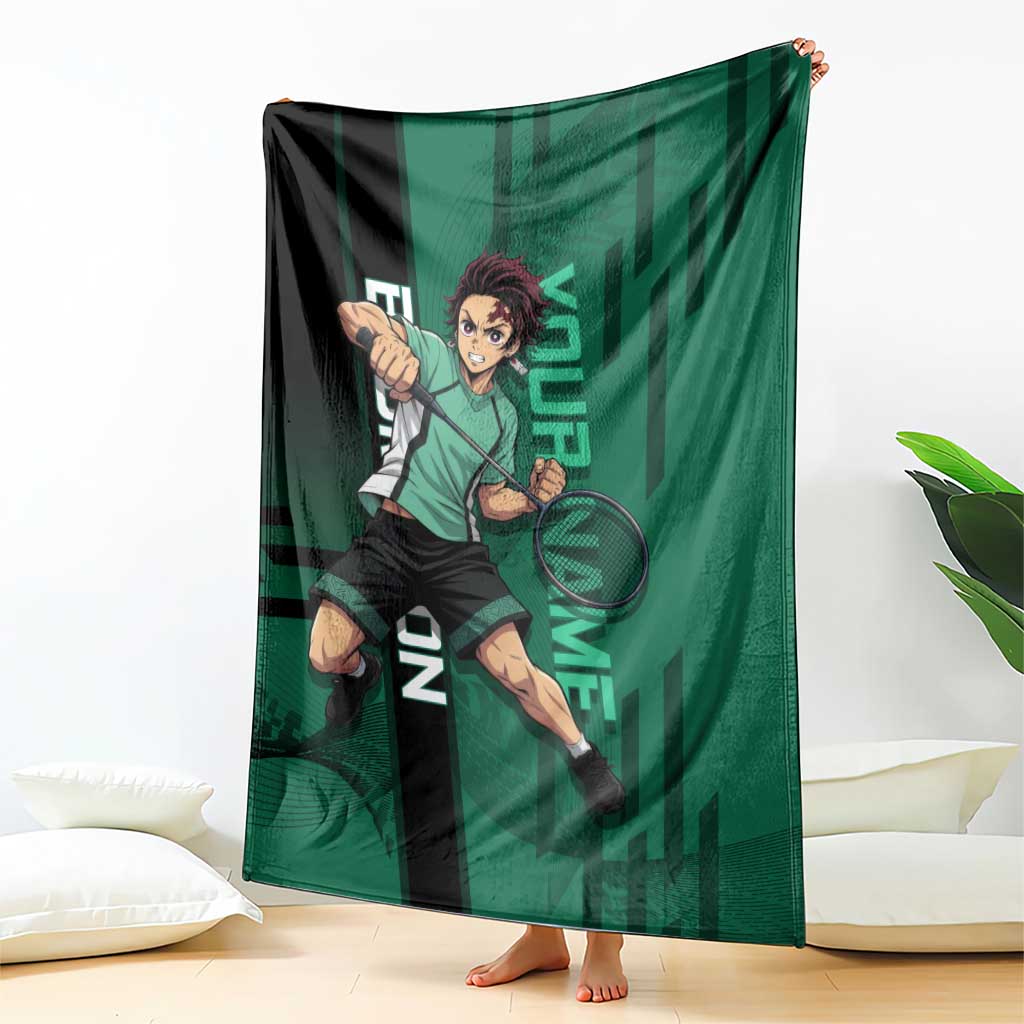 Personalized Tanjiro Badminton Green Action Pose Blanket Dynamic Sports Design - The Mazicc
