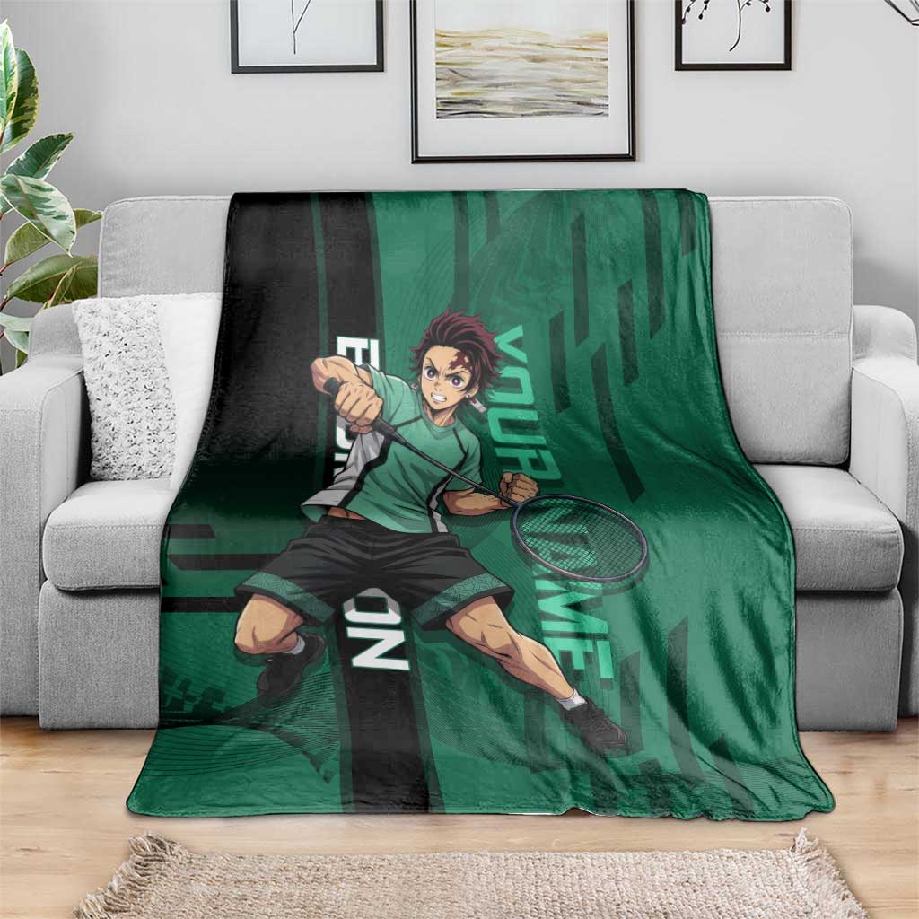 Personalized Tanjiro Badminton Green Action Pose Blanket Dynamic Sports Design - The Mazicc