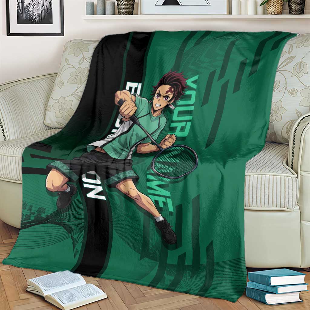 Personalized Tanjiro Badminton Green Action Pose Blanket Dynamic Sports Design - The Mazicc